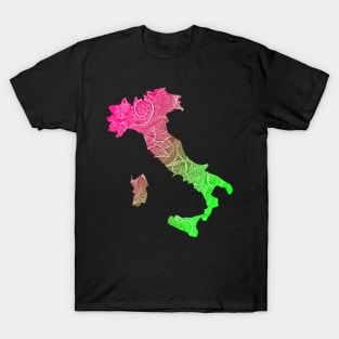 Colorful mandala art map of Italy with text in pink and green T-Shirt